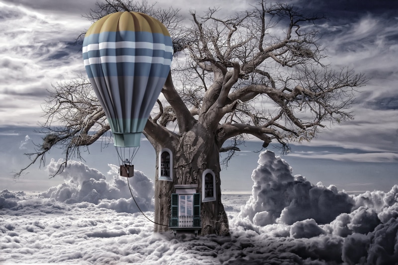 flying, cloud - Sky, clouds, cold temperature, tie, air, withered, blue, built structure, scenics, 2K, outdoors, winter, balloon, digital composite, day