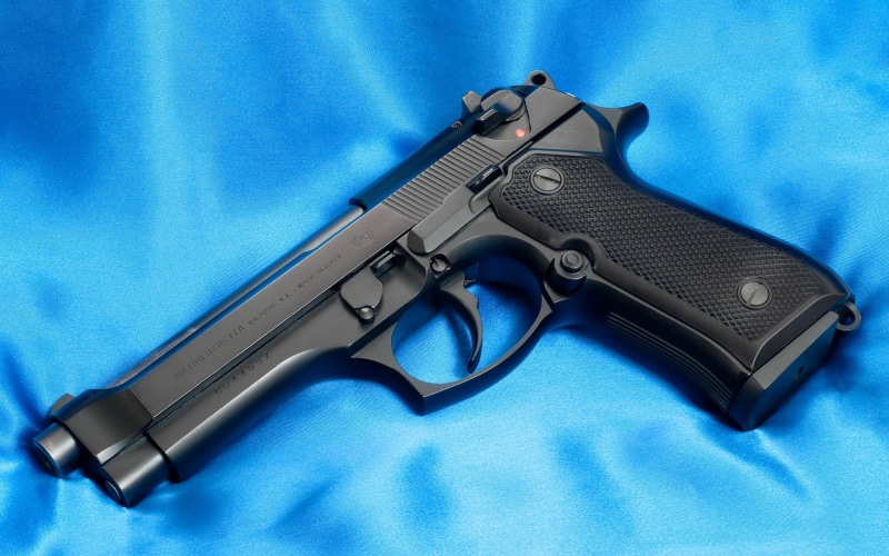 black, warning sign, weapon, close-up, backgrounds, pistol, semi, social issues, security, 1080P, handgun, Gun, sign, colored background, war, blue background