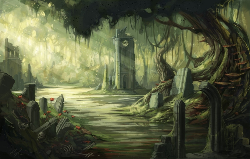 artwork, growth, green color, place of worship, forest, belief, built structure, painting, outdoors, nature, water, architecture, representation, ruin