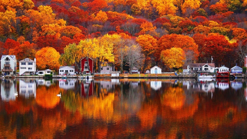reflection, sky, house, autumn collection, united states, leaf, landscape, lake, river, leaves, usa, built structure, nature, 1080P, outdoors, tranquil scene