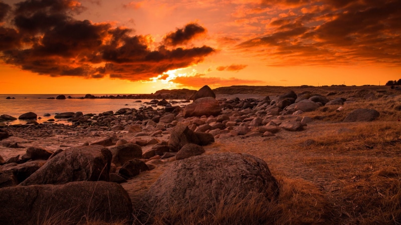 romantic sky, sunset, cloud - sky, land, sea, idyllic, beauty in nature, 1080P, tranquil scene, orange color, rock - object, rocky coastline, no people