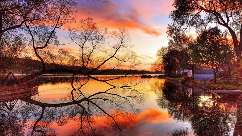 sky, cloud - sky, beauty in nature, 1080P, idyllic, outdoors, tree, reflection, lake, sunset, scenics - nature, water, full h-d  of nature 1920x1080, plant