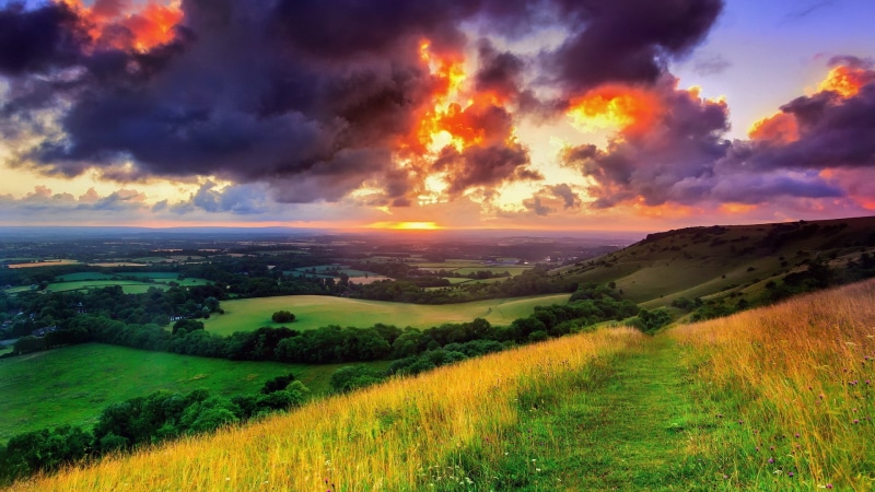 beauty in nature, sunset, 1080P, field, nature, sun, grass, plain, tranquil scene, dramatic sky, cloudscape, environment, plant, land, outdoors, full h-d  of nature 1920x1080