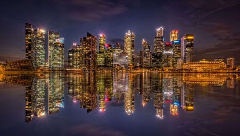4K, waterfront, office, no people, singapore 4k  screensaver, urban skyline, modern, reflection, night, city, architecture, skyscraper, built structure