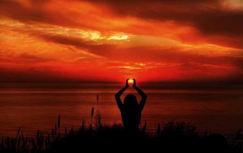 relaxation, standing, tranquil scene, exercising, one person, orange color, dusk, relax, atmospheric, balance, nature, lake, near, mood, sky, water, afterglow