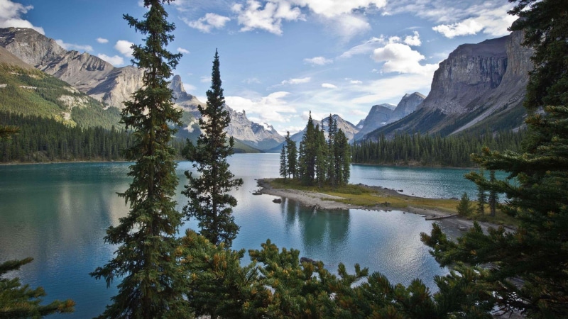 beauty in nature, sky, non-urban scene, pine trees, water, Canada, landscape, scenics - nature, clouds, tranquility, outdoors, mountain range, cloud - sky