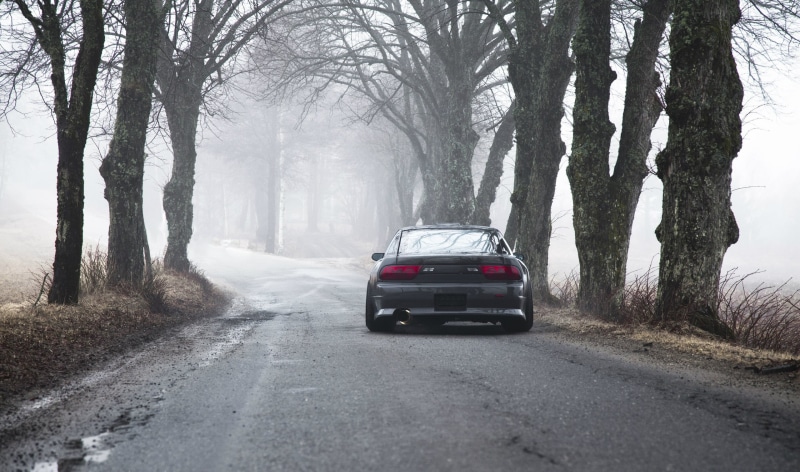 rural Scene, sports Car, cold - Temperature, rear-View Mirror, treelined, travel, black Color, 200sx, ontario - Canada, tree, Nissan, the way forward, day