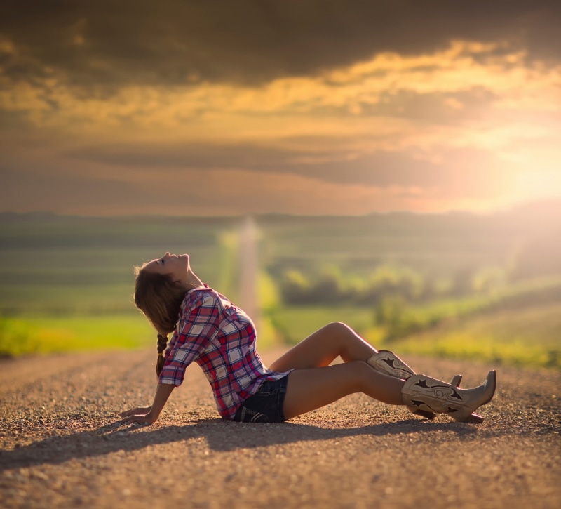 beautiful, space, Country, sun, girl, road, 1080P
