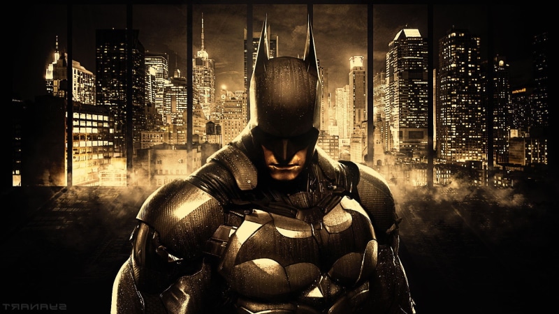 batman comics dc comics concept art gotham city gotham cityscape skyscraper batman arkham knight, fighting, conflict, city, mask, suit of armor, dark, helmet