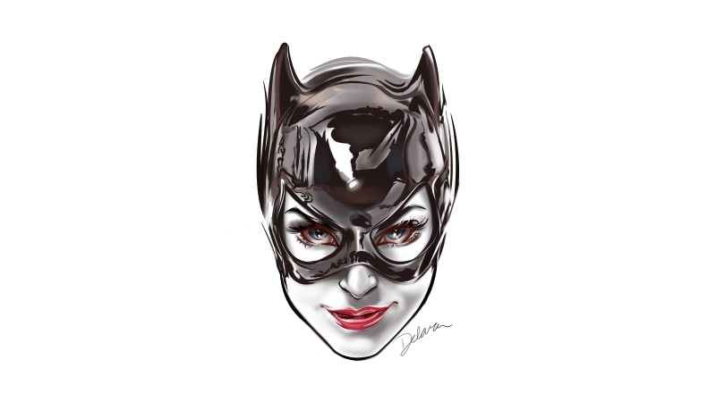 8K, digital art, DC Comics, mouth, minimalism, face, superhero, lipstick, blue eyes, red lipstick, fantasy art, Batman, simple background, Catwoman, mask
