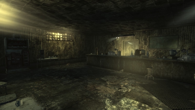 Fallout, ceiling, dark, lighting equipment, domestic room, ambient, spooky, built structure, architecture, flooring, wall, empty, building, workshops, garages