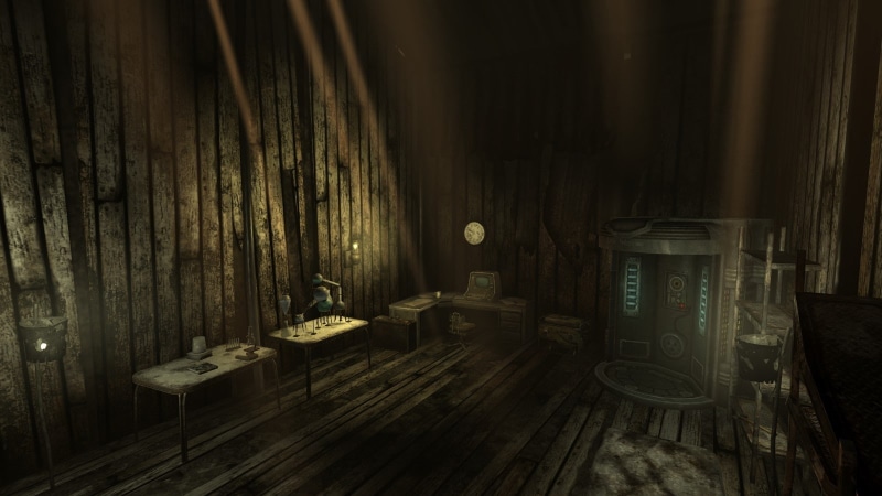 chair, table, wood - material, dirt, lighting equipment, 720P, wall - building feature, Fallout, house, seat, no people, electric lamp, flooring, old