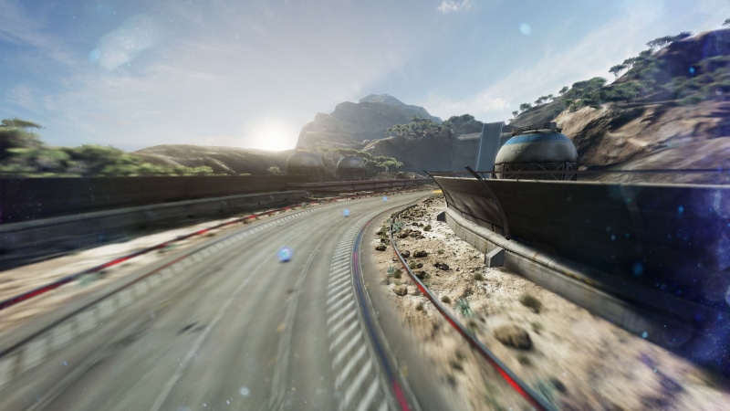 road trip, sunlight, day, sky, landscape, motion, rock, trees, motor vehicle, sunrise, mode of transportation, sunset, video games, mountain, race tracks
