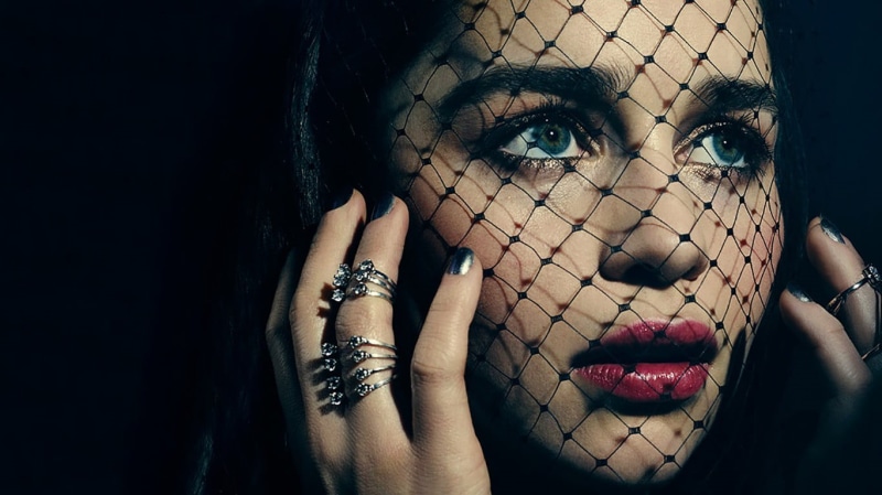 blue eyes, ring, black background, make-up, jewelry, fashion, adult, silver, nail, 720P, human hand, finger, young women, headshot, Emilia Clarke, veils
