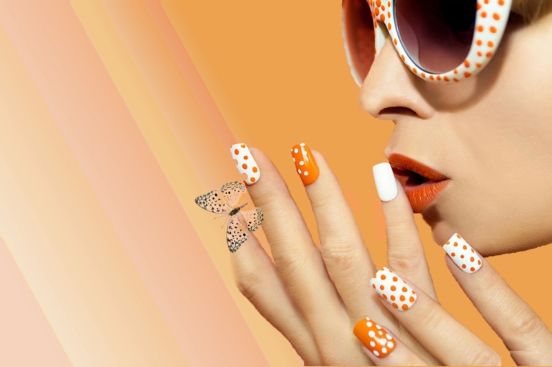 nail art, summer, personal accessory, vivid, human lips, fingernail, human hand, beauty treatment, polka dots, orange on white, pretty, bright color, 2K