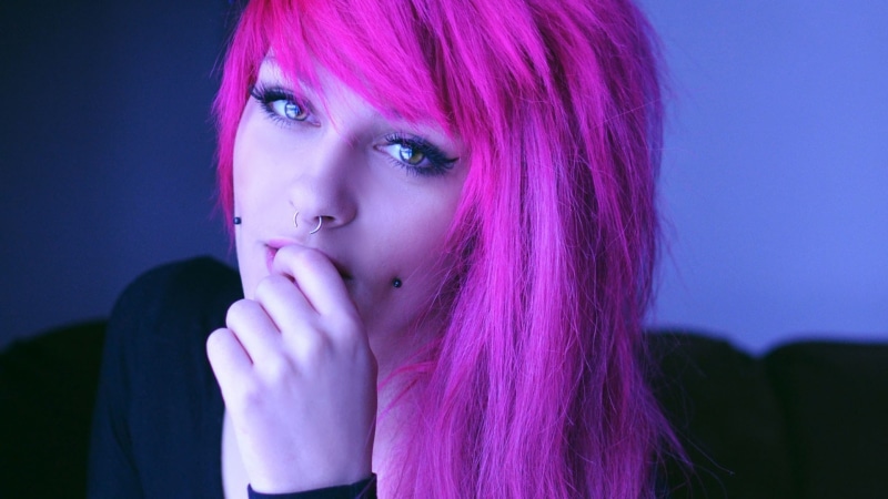 nose ring, pink hair, finger on lips, women, 1080P, looking at viewer, hazel eyes, pierced cheeks