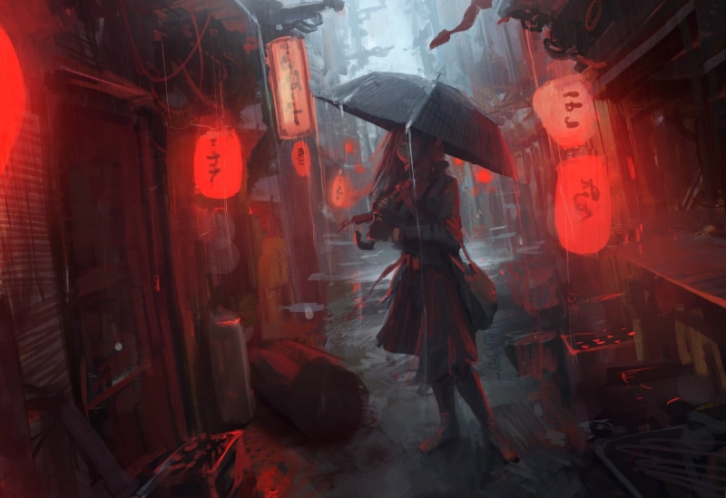 digital art, rain, Matte painting, standing, umbrella, urban, 720P, women, anime girls, anime, real people, clothing, concept art, full length, walking