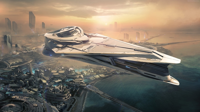 city, yacht, 4K, Star Citizen, matte painting, futuristic, space ship, 5k, sunset, urban, 4k, art