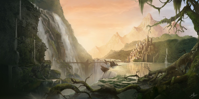 water, day, idyllic, lake, tree, bridge, beauty in nature, village, 8k, tranquil scene, nature, flowing water, art, matte painting, formation, mountain range