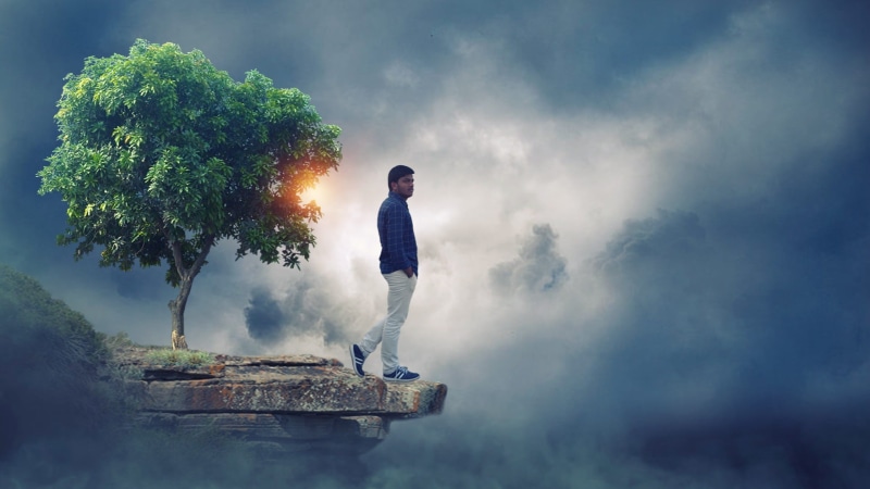 nature, cloud - sky, 1080P, wearing, dress, adventure, solitude, full length, alone boy, sky, matt paint, cliff, men, day, side view, young adult, looking