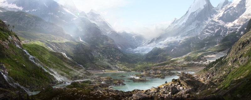 mountains, valley, matte paint, lake, landscape, Thomas Galad, 2K, nature