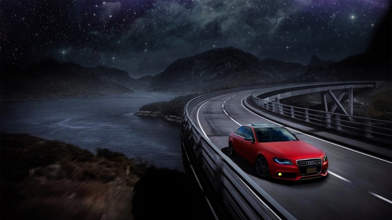 Matte Paint, Starry Night, Audi A4, space, road, bridge, car, water, nebula, Audi, Matte red, mountains, 1080P, sports car, Red Cars, Audi B8