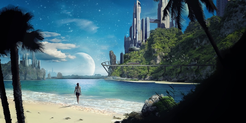 scenics - nature, tourism, water, tree, travel, matte painting space futuristic beach sea, tropical climate, sky, palm tree, sea, 5K, nature, blue, beauty in nature