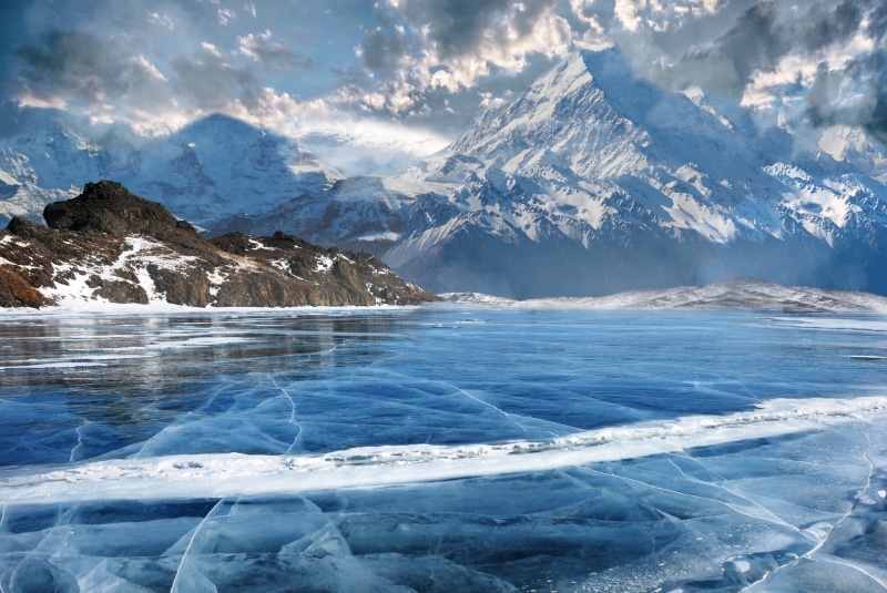 scenics - nature, sky, water, Viktor Rudenko, mountains, mountain, winter, snowcapped mountain, ice, non-urban scene, no people, landscape, art, cloud - sky