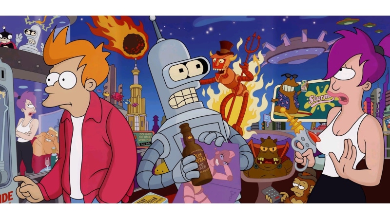transfer print, males, art and craft, Futurama, sky, real people, front view, 1080P, group of people, cloud - sky, people, men, outdoors, creativity, adult