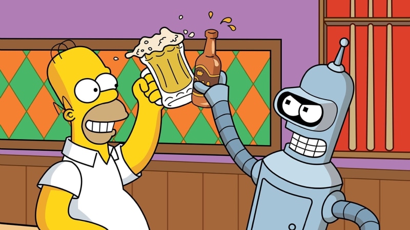built structure, cartoon, simpsons, creativity, 1080P, mammal, two, The Simpsons, outdoors, people, sky, Homer Simpson, teenager, representation, Futurama