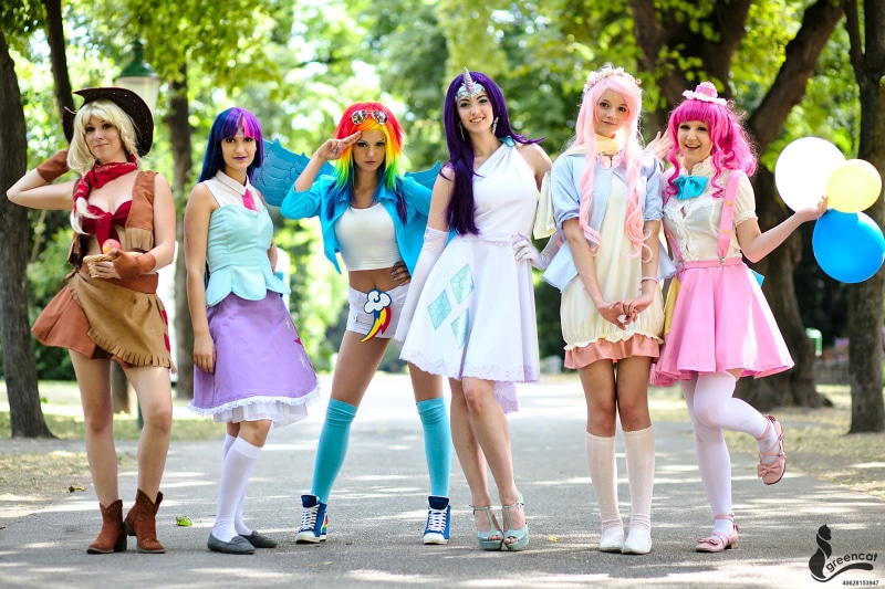Pinkie Pie, women, smiling, Rainbow Dash, child, My Little Pony, Fluttershy, happiness, cosplay, Rarity, togetherness, group of people, medium group of people
