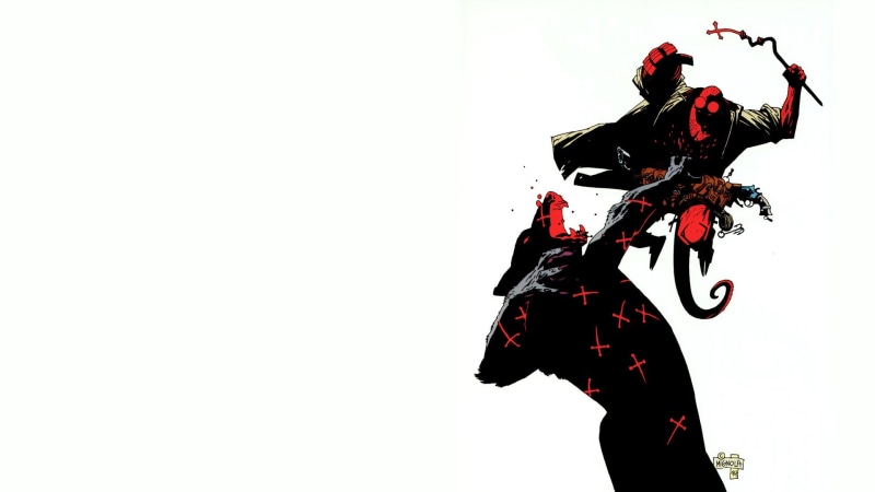 studio shot, Mike Mignola, white background, comics, 1080P, art, red, three quarter length, black, Hellboy, leisure activity, clip, monster, cut out, lifestyles