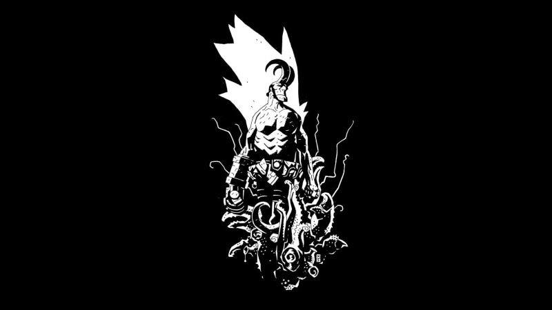 simple background, Hellboy, 1080P, Mike Mignola, monochrome