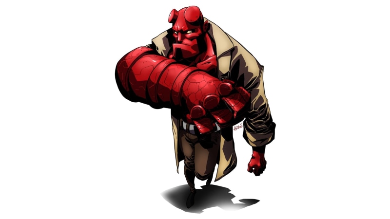 people, full length, Hellboy, white background, men, cut out, uniform, red, weapon, standing, studio shot, military, leisure activity, artwork, clothing