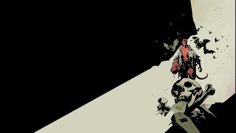 simple background, skull, 1080P, bones, comics, Mike Mignola, coffins, Hellboy, bats
