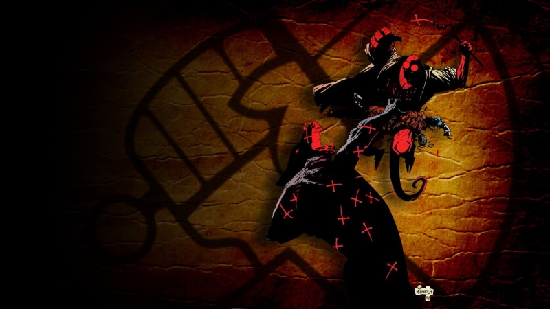black, city, brick, real people, architecture, standing, Mike Mignola, red, Hellboy, 1080P, Dark Horse, full length, animal, night, brick wall