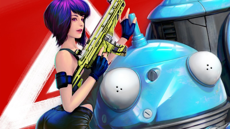 1080P, weapon, Ghost in the Shell, purple hair, Kusanagi Motoko, assault rifle, purple eyes, Tachikoma