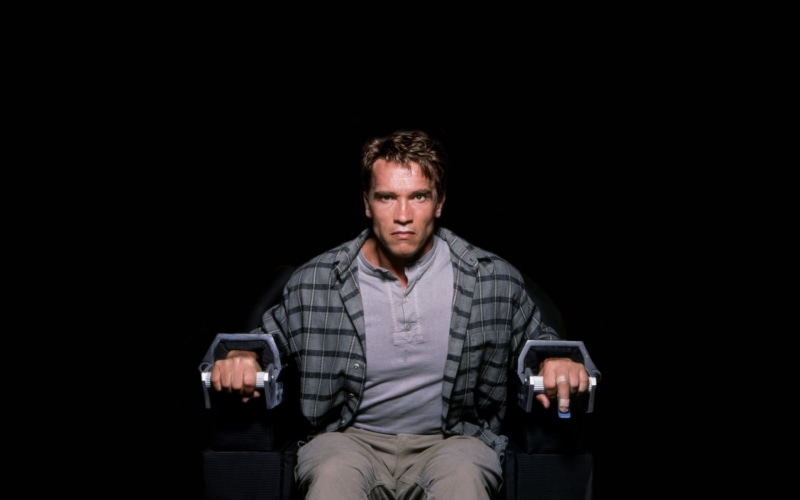 remember all, evil, shirt, 1080P, Total Recall, Arnold Schwarzenegger, sitting, chair, chained