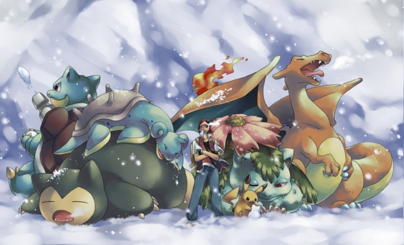 digital art, pokemon, Charizard, Venusaur, Blastoise, 720P, Pikachu, snow, Ash Ketchum, Snorlax, Lapras