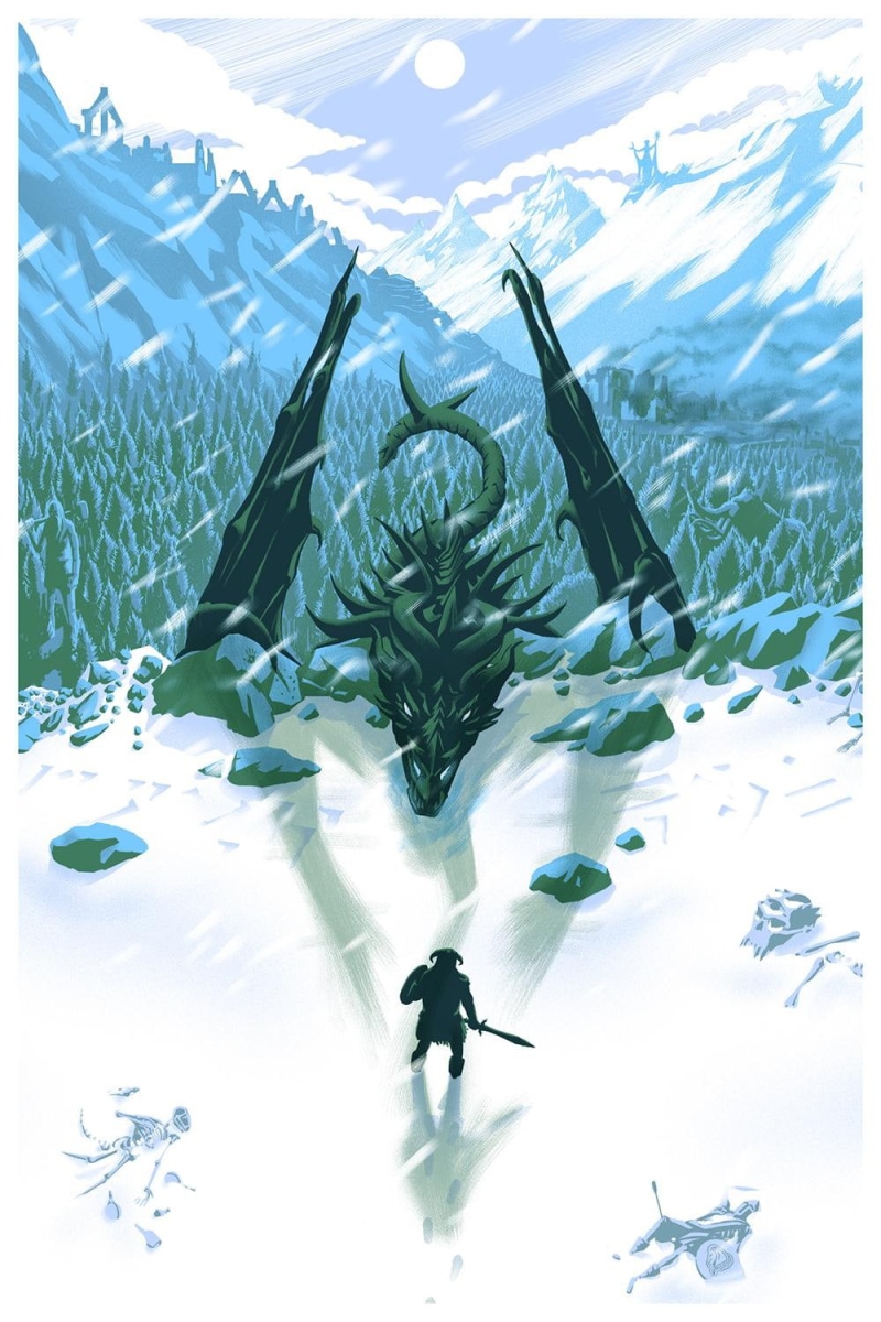 artwork, dovahkiin, The Elder Scrolls V: Skyrim, Dovakhiin, dragon, digital art, portrait, The Elder Scrolls, 720P, video games, snow