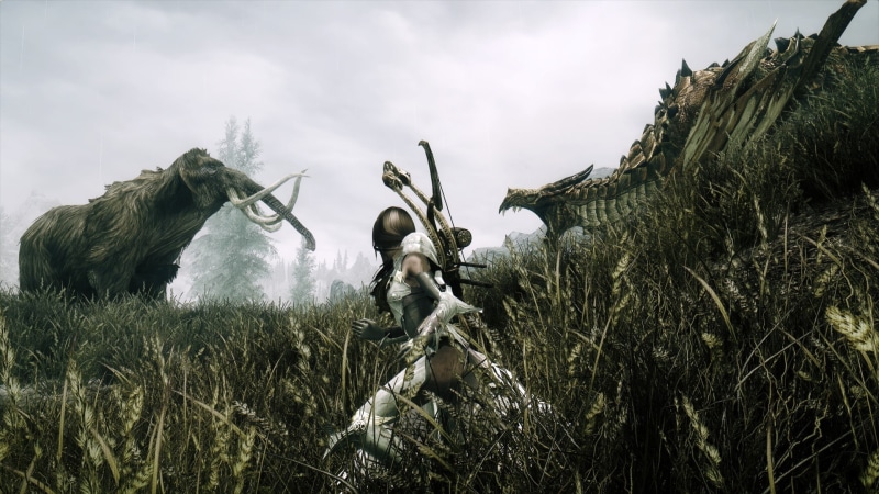 green color, sky, representation, dragon, Dovakhiin, 1080P, Mammoths, tree, beauty in nature, growth, cloud - sky, The Elder Scrolls V: Skyrim, low angle view