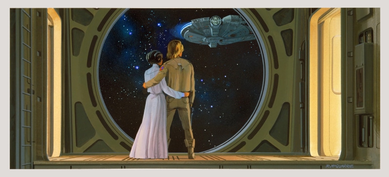 4K, Millenium Falcon, concept art, Star Wars, Leia Organa, Ralph McQuarrie, stars, Luke Skywalker, Princess Leia