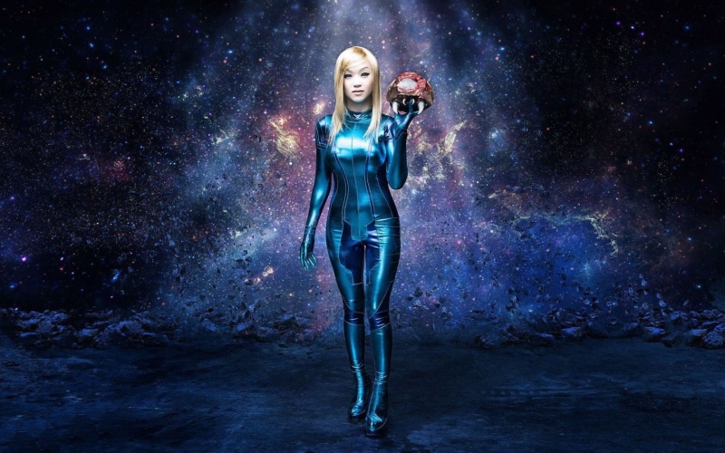 jumpsuit, hairstyle, beauty, black background, adult, s, costumes, astronomy, nature, latex, Samus Aran, looking at camera, portrait, cosplay, illuminated