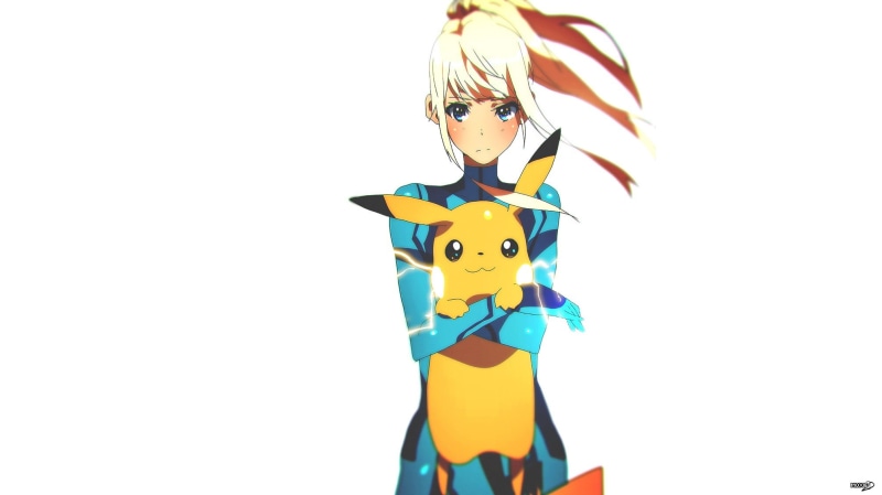 indoors, Zero Suit Samus, poster, human representation, Pikachu, leisure activity, Tom Skender, Metroid, standing, front view, multi colored, art and craft
