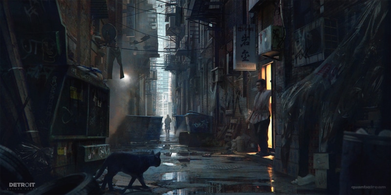 abandoned, building, residential district, night, reflection, built structure, alley, dark, games, architecture, illuminated, detroit become human, building exterior