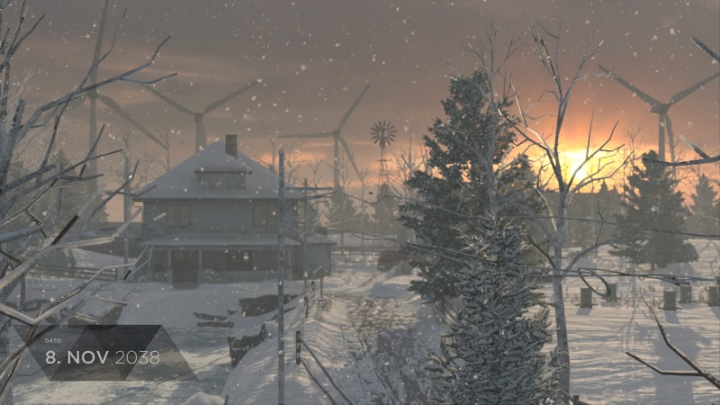 Golden Hour, Detroit: Become Human, nature, snow, cold temperature, bare tree, tree, plant, fog, house, snowing, sunset, building, windmill, winter, building exterior