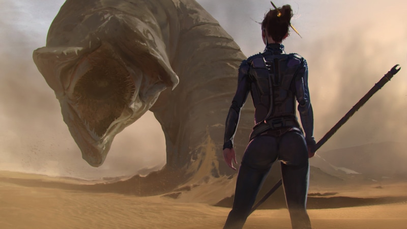 scenics - nature, still, activity, leisure activity, adventure, plugsuit, spear, three quarter length, nature, women, sky, front, rear view, desert, holding