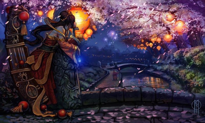 rivers, 2K, video, fireworks, league, lanterns, games, jax, cherry, legends, sona, artwork, blossoms