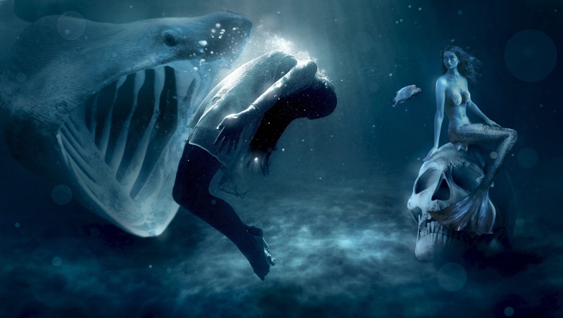 creature, sport, monster, sitting, photo, evil, woman, mammal, animal, weird, undersea, sea, fantasy, carnivores, food, nature, 4K, hunger, grayscale