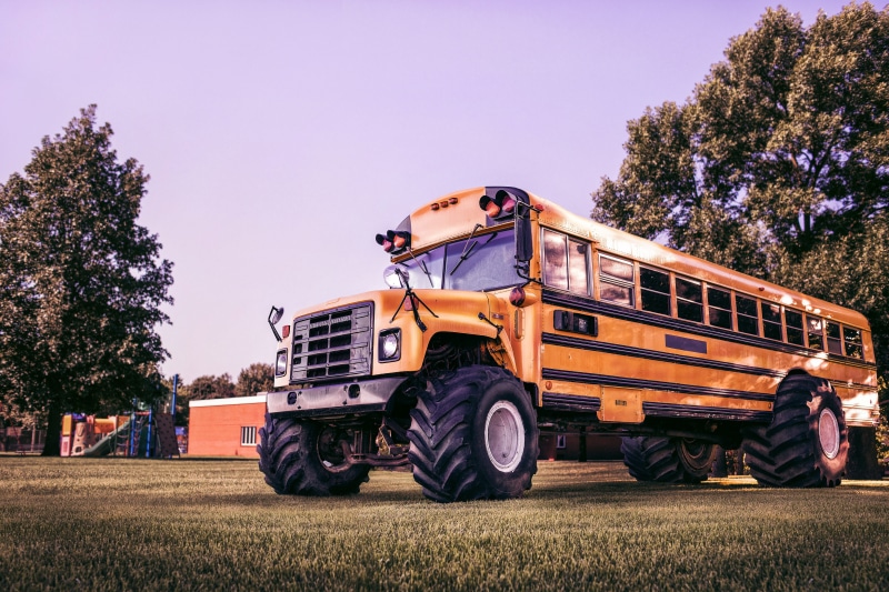 rural scene, grass, clear sky, bus, land Vehicle, whimsical, objects, school Bus, transportation, lazy, offroad, combine harvester, construction site, cool